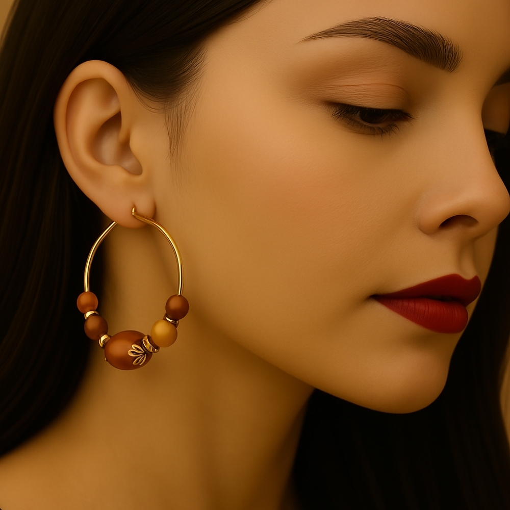 Boho Beaded Hoop Earrings – Natural Wood Look Beads, Gold-Tone Wire – Jewelry #6